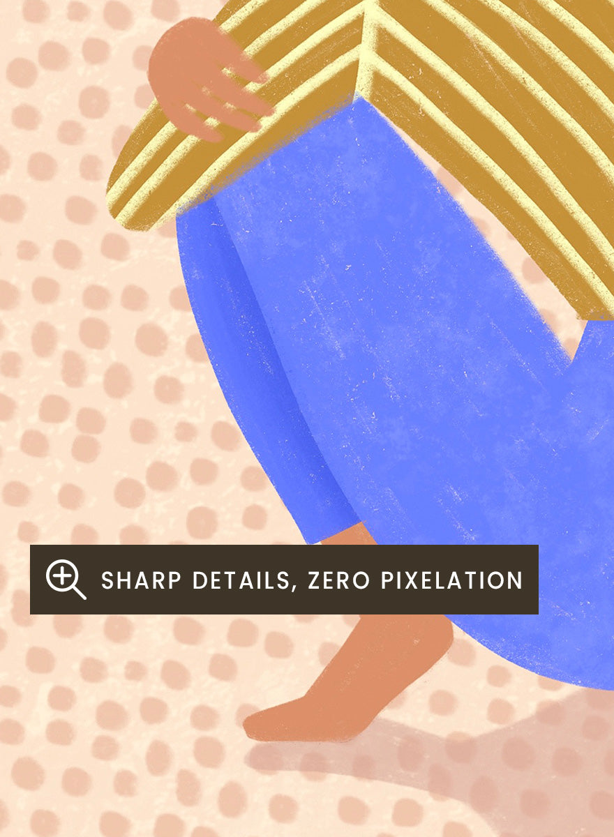 A minimalist art print featuring a stylized illustration of a person crouching in blue pants and a yellow striped top, looking up at a small orange sun against a light beige dotted background, framed with a white mat and black border. Pensive Woman Under Sun by Bea Müller art print featuring a seated woman beneath an orange sun in bold blue, mustard, and soft neutral tones.