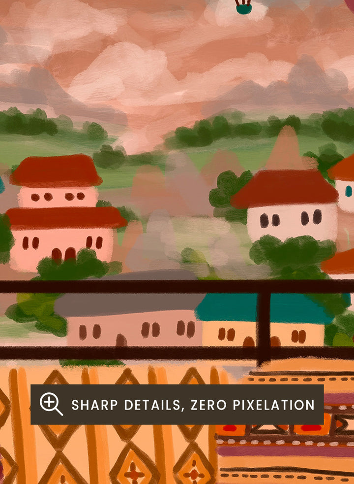 A colorful art print depicting a scenic view of a hillside town with mountains in the background, filled with hot air balloons. In the foreground, a patterned outdoor seating area features a table with food and a potted plant. Shop Balloons Over Rooftop Dinner by Nidhi Kachhadiya, a colorful travel wall art print featuring hot air balloons, rooftop dining, patterned textiles, and teal and coral tones.