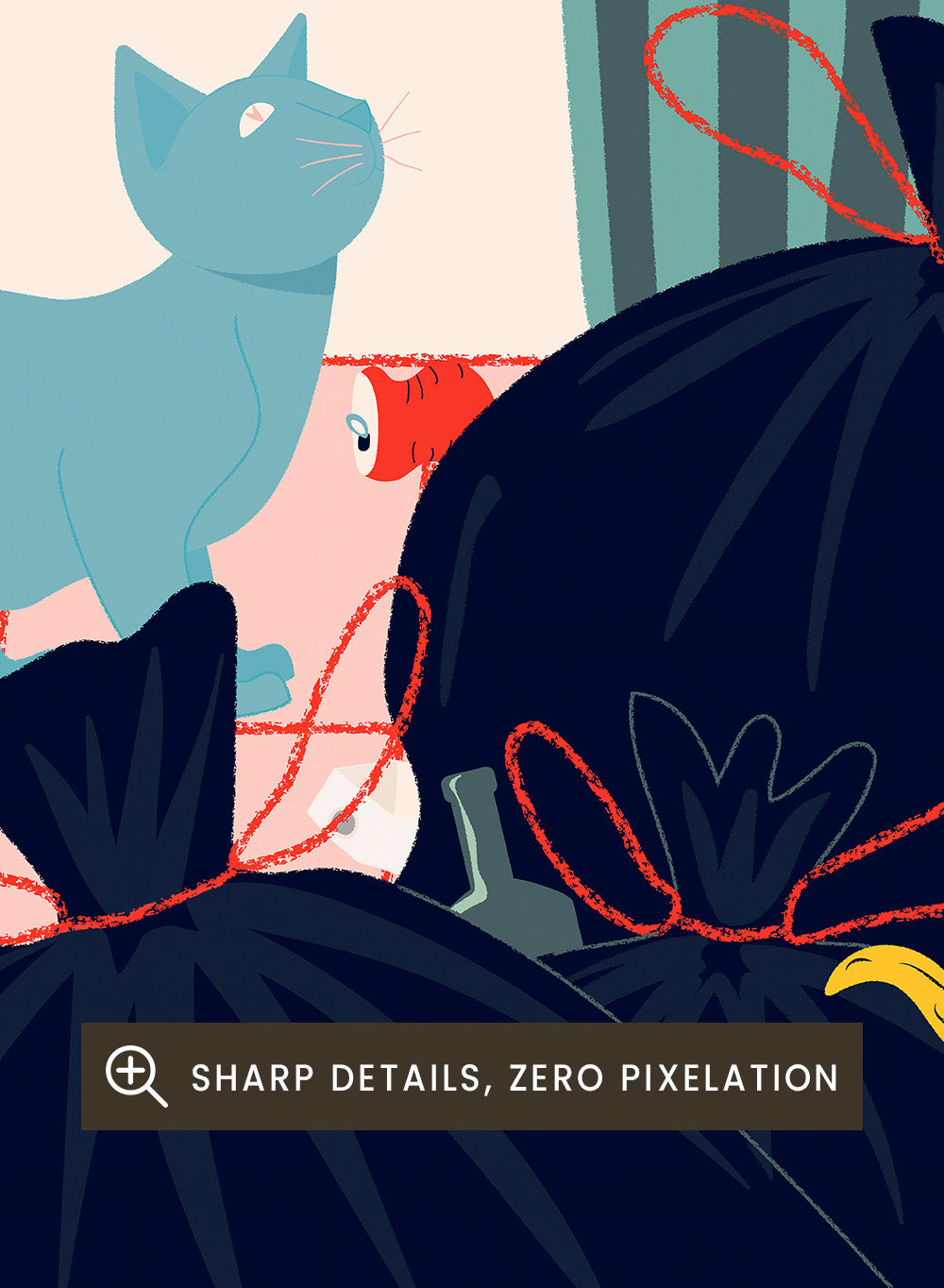 Illustration of a trash can and cats on a pink grid background. Cats by Jota de Jai is a funny modern wall art print featuring colorful cats taking over a messy room. Officially licensed fine art poster with optional wood frame.