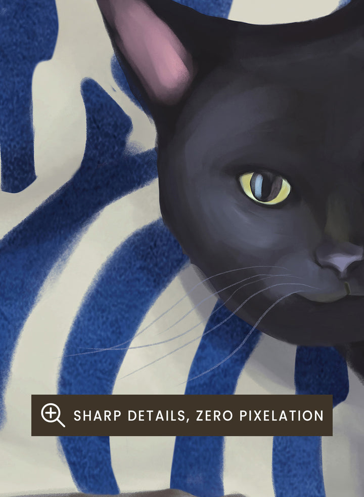 Black cat peeking out from behind a blue and white striped fabric. Peeking Black Cat by Flow Line features a mischievous black cat among striped cushions, adding playful cat art and modern coastal style to your home.