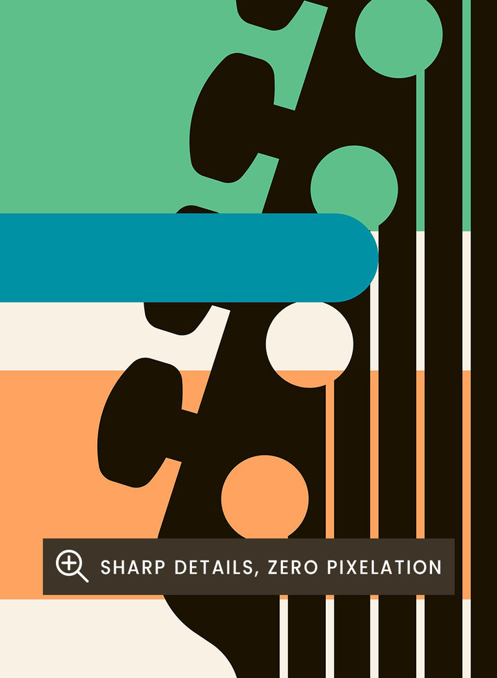 A graphic poster-style design for Woodstock 1969, featuring a black guitar headstock silhouette layered over horizontal orange, teal, and blue bars on a warm cream background. The text reads &