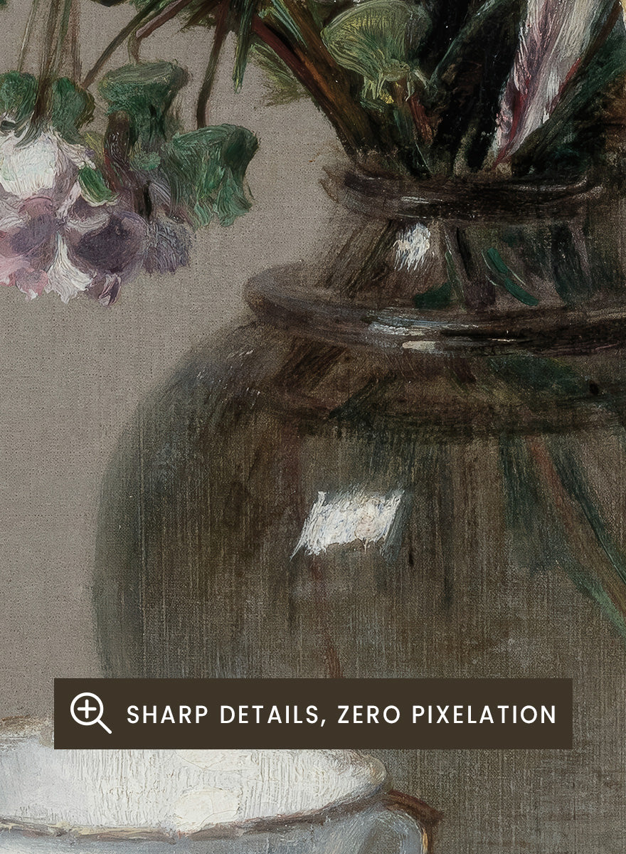 Shop Still Life with a Cup of Coffee by Henri Fantin-Latour, a vintage floral wall art print poster featuring a coffee cup and bouquet in soft brown tones.