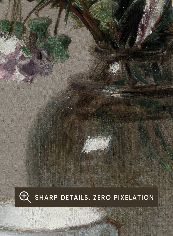 Shop Still Life with a Cup of Coffee by Henri Fantin-Latour, a vintage floral wall art print poster featuring a coffee cup and bouquet in soft brown tones.