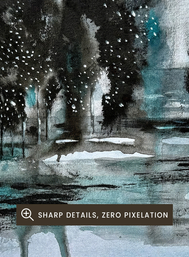 Shop Dark Forest Reflection by Helena Ryhle, a moody watercolor landscape wall art print poster featuring dark trees, reflective water, and deep blue-green tones.