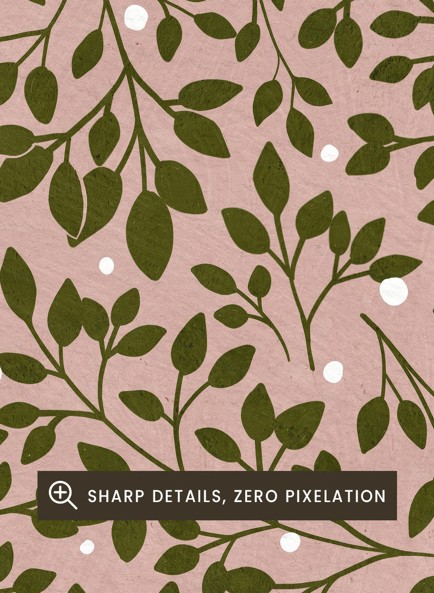 Shop Round Ornament by Katie O’Shea, a botanical Christmas wall art print poster featuring green leaves, white glowing light details, and a dusty pink background.