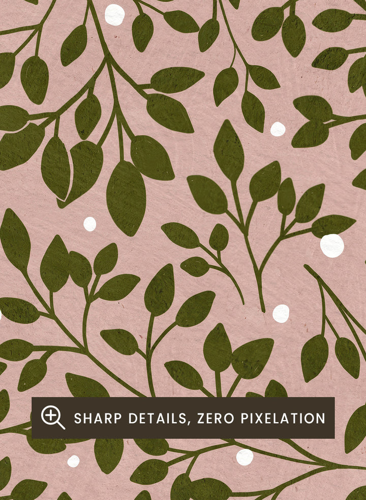 Shop Round Ornament by Katie O’Shea, a botanical Christmas wall art print poster featuring green leaves, white glowing light details, and a dusty pink background.