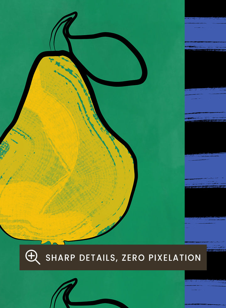Shop Vibrant Pears Grid by Elena Ristova, a colorful pear wall art print poster in yellow, green, and blue with a bold graphic grid design.