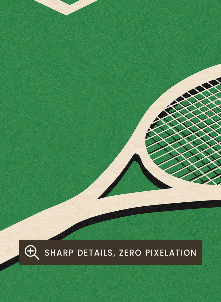 Tennis racket and ball on a green court with white lines. Lawn Tennis Club by Rosi Feist is a minimalist tennis court art print with modern Bauhaus design. Officially licensed fine art poster with framing.