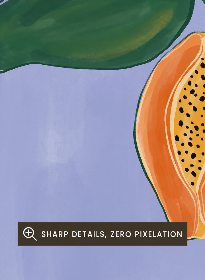 Illustration of papayas and a leaf on a blue background with 'Papayes' text at the top. Papayes by Ivy Green fruit art print featuring papaya illustration, modern food poster design, and colorful contemporary kitchen wall art.