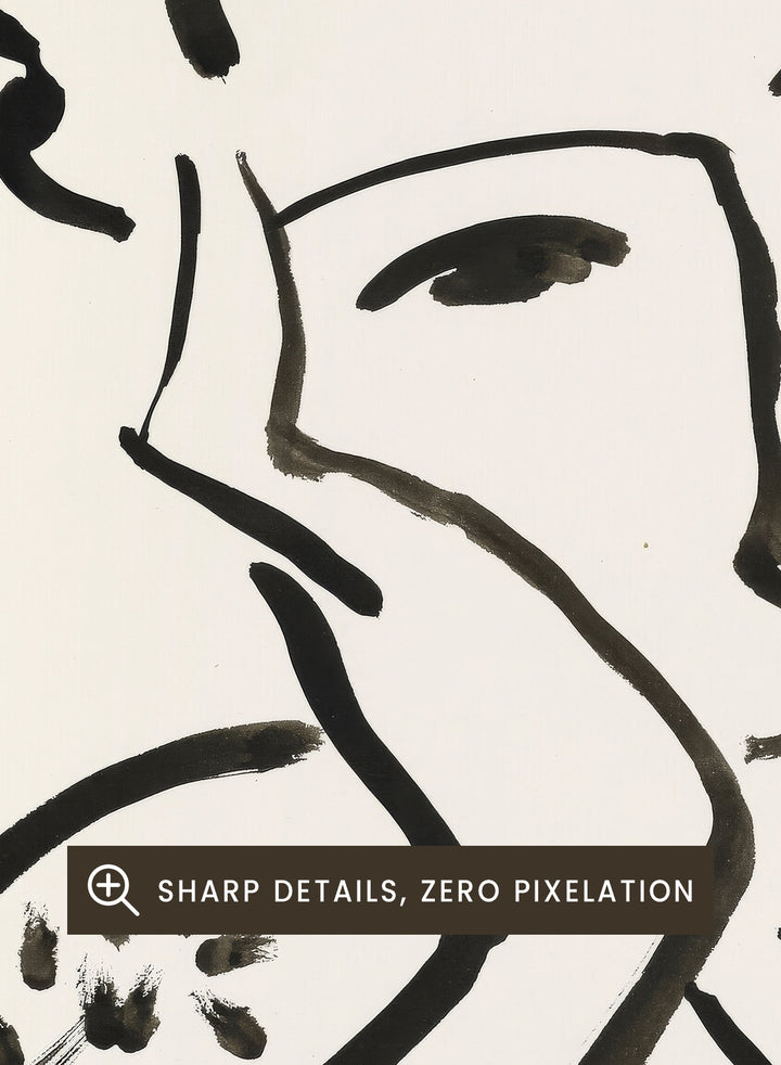 Black line art of a woman with floral patterns on a white background. Jeune Fille Accoudée by Henri Matisse is a minimalist portrait art print featuring expressive black linework, floral detailing, and refined French modernist design.