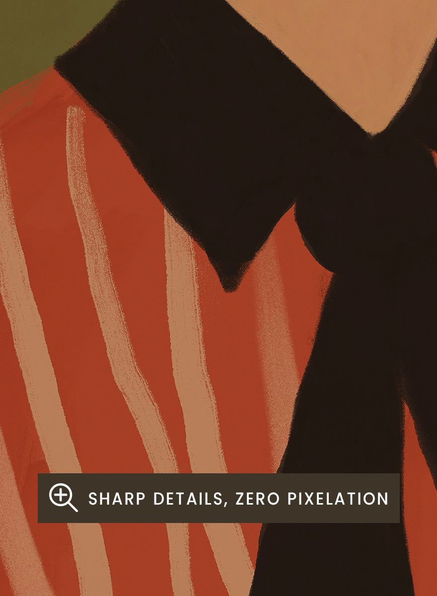 A stylized Western portrait painting of a person wearing a black cowboy hat, a red-orange and cream vertically striped shirt, and a black necktie against an olive green background. Modern Western Portrait by The Art Concept art print featuring a cowboy hat, striped rust shirt, neck scarf, and warm olive tones.