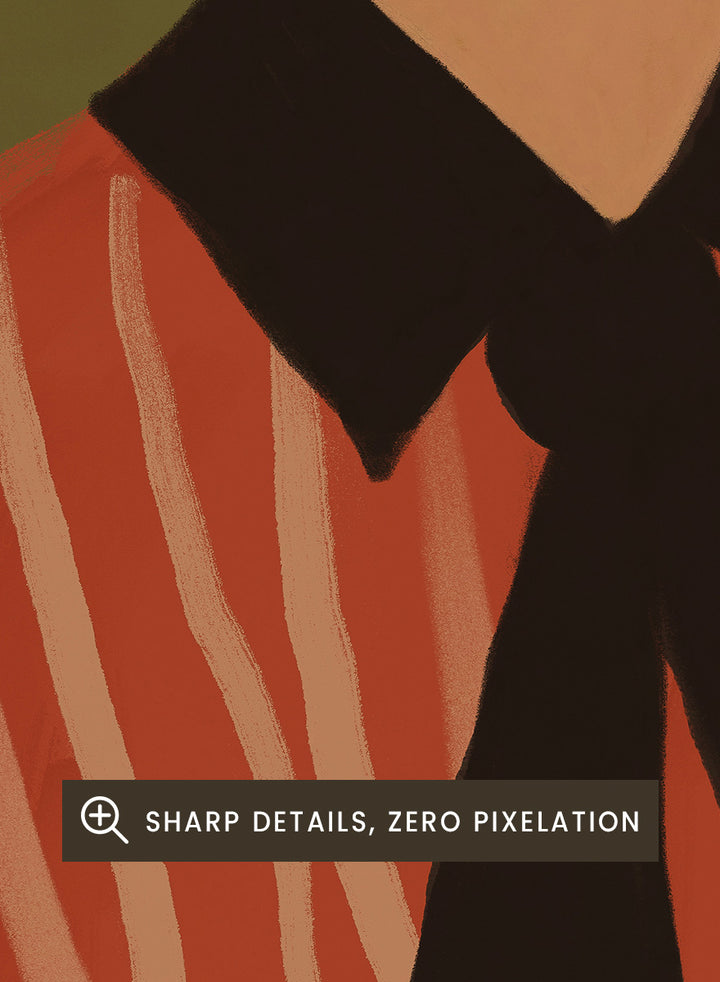 A stylized Western portrait painting of a person wearing a black cowboy hat, a red-orange and cream vertically striped shirt, and a black necktie against an olive green background. Modern Western Portrait by The Art Concept art print featuring a cowboy hat, striped rust shirt, neck scarf, and warm olive tones.