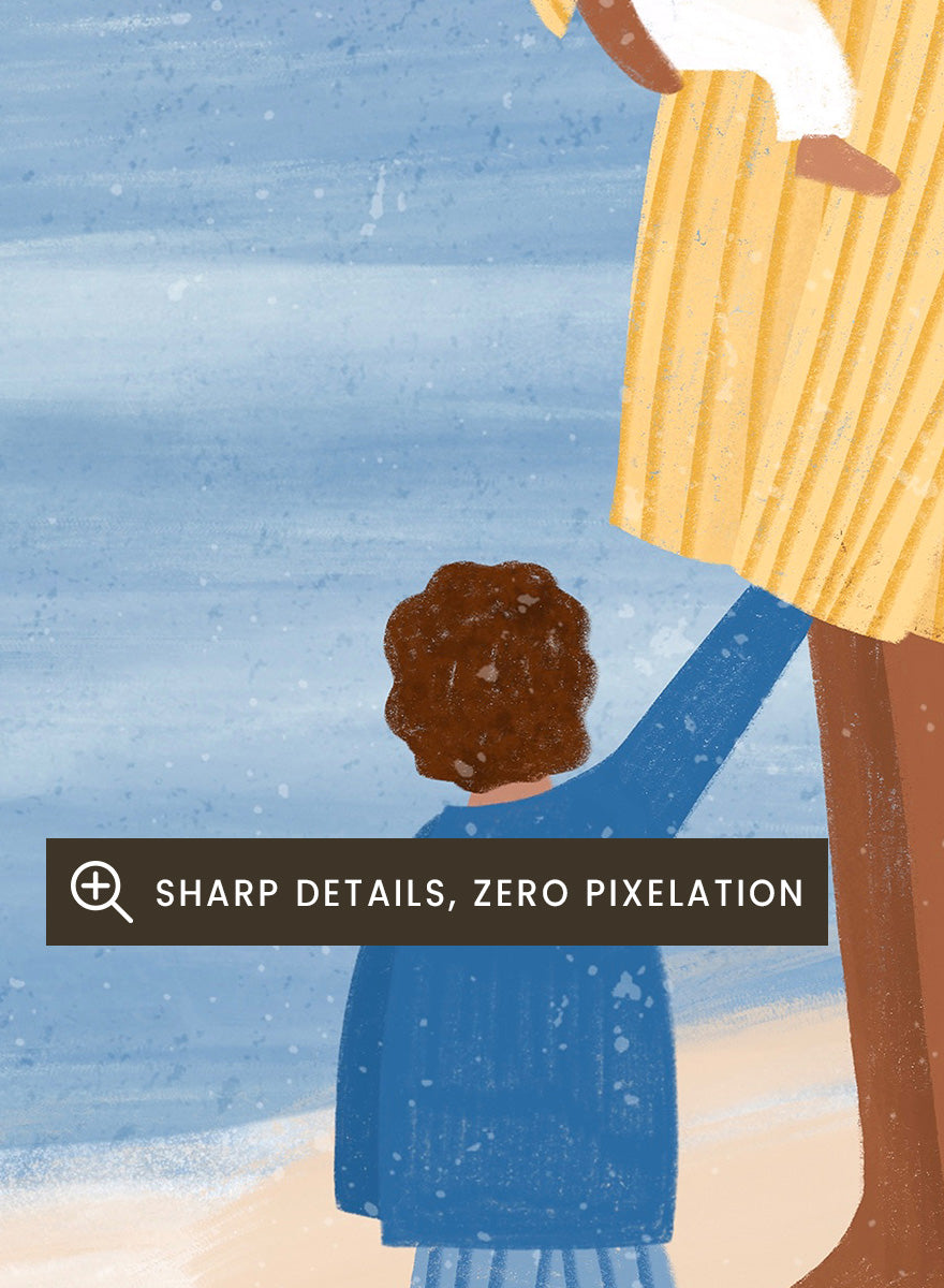 A framed art print featuring an illustration of a man in a yellow striped shirt holding a white dog on a beach next to a child in a blue coat, set against a light blue ocean and pale sky. Family Beach Day by Bea Müller art print featuring a mother with her baby and young child by the sea, created for warm family and coastal decor.