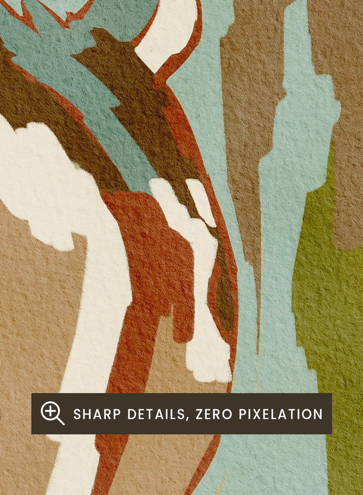 Shop Abstract Horse Portrait by Nikita Jariwala, a modern horse wall art print featuring a stylized equine portrait, bold shapes, and earthy rust, blue, and cream tones.