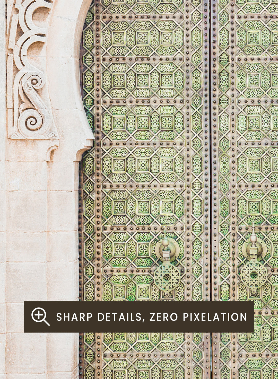 Decorative archway with ornate green door on a light stone wall. Ornate Moroccan Green Door by Henrike Schenk is a Moroccan architecture print featuring an ornate green door, Islamic patterns, and historic stone details.