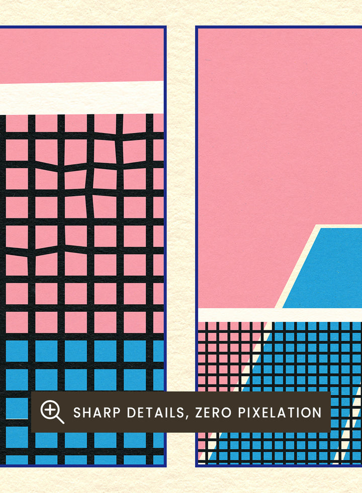 Illustrated poster of tennis with racquets and ball on a pink and blue background. Tennis Double Fault by Rosi Feist is a minimalist tennis poster with graphic court design, modern sports wall art, officially licensed fine art print.