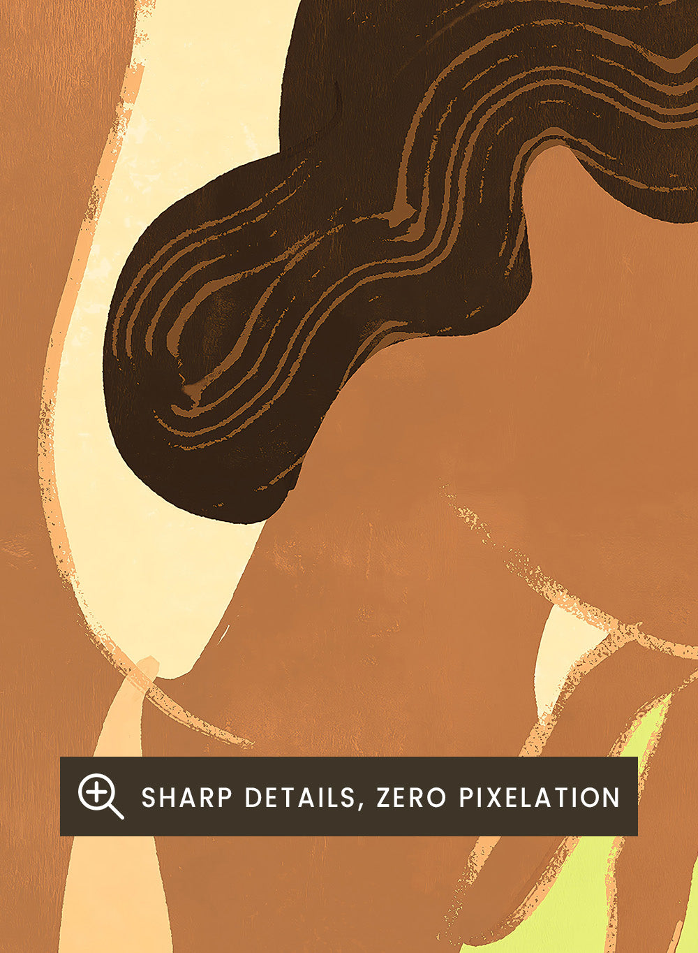 Artistic depiction of a woman with abstract elements on a beige background. Lemon Apple by Arty Guava art print, modern woman and fruit illustration, contemporary aesthetic wall poster in warm yellow and soft green tones.