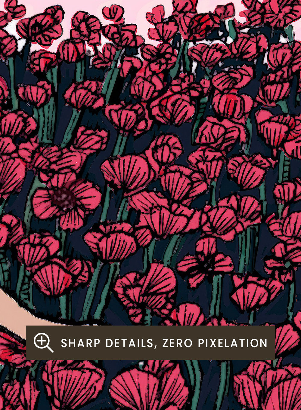 Woman in a white dress standing in a field of red flowers with a gradient sky. Field of Poppies by E.C. Mazur is an officially licensed art print featuring a woman standing in a red poppy field. Illustrated landscape wall poster.