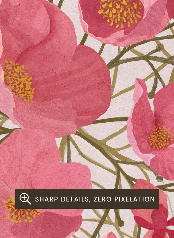 A framed botanical art print featuring pink flowers with yellow centers and delicate gold leaf outlines on a pale pink background. Shop Japanese Quince Floral Art Print by Katie O&