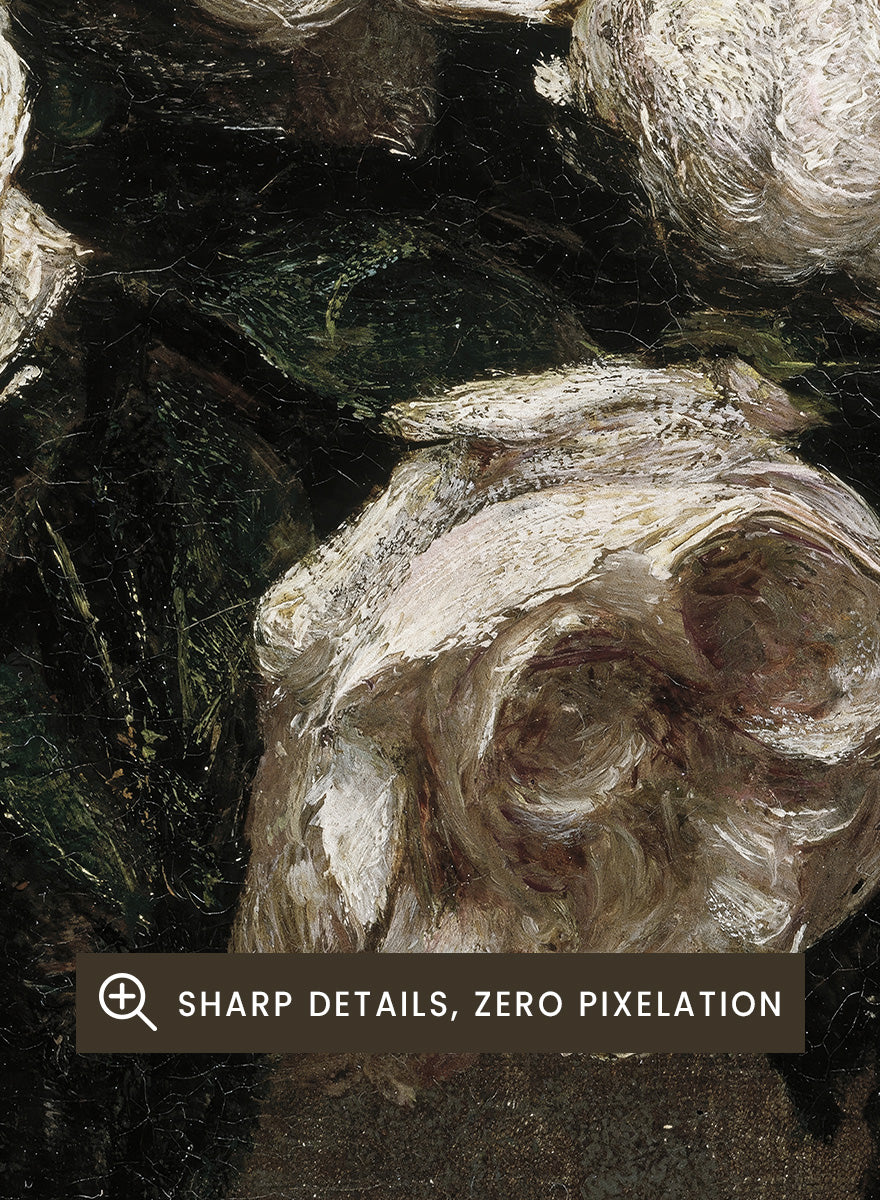 Shop Roses Flowers in a Vase by Henri Fantin-Latour, a vintage floral wall art print poster featuring pale roses in a dark vase against rich brown tones.