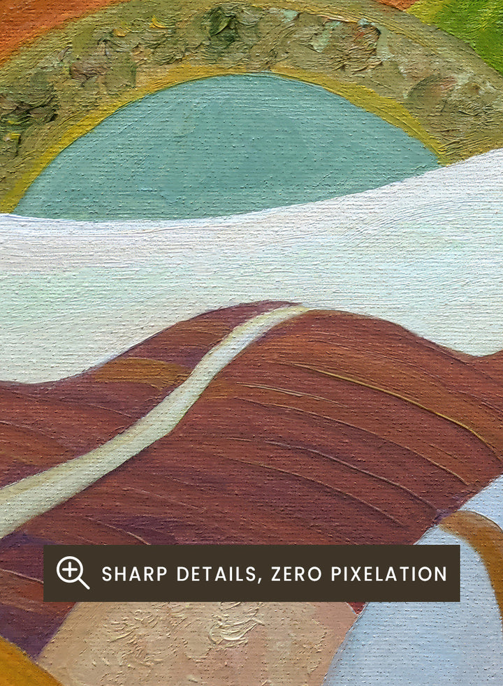 An abstract landscape painting featuring rolling hills, stylized trees, and distant mountains in a warm palette of orange, green, yellow, brown, and white. Shop Vibrant Hillside Path by Angeles M. Pomata, an autumn landscape art print with winding paths, rolling hills, and warm earthy tones.