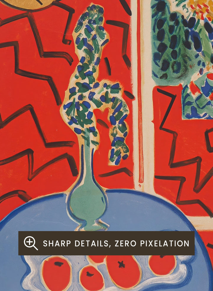 Artistic depiction of a still life scene with a blue table, vase, and fruit, by Henri Matisse. Red Interior, Still Life on a Blue Table by Henri Matisse is a 1947 modern art print featuring bold color, expressive interiors, floral still life details, and iconic French design.
