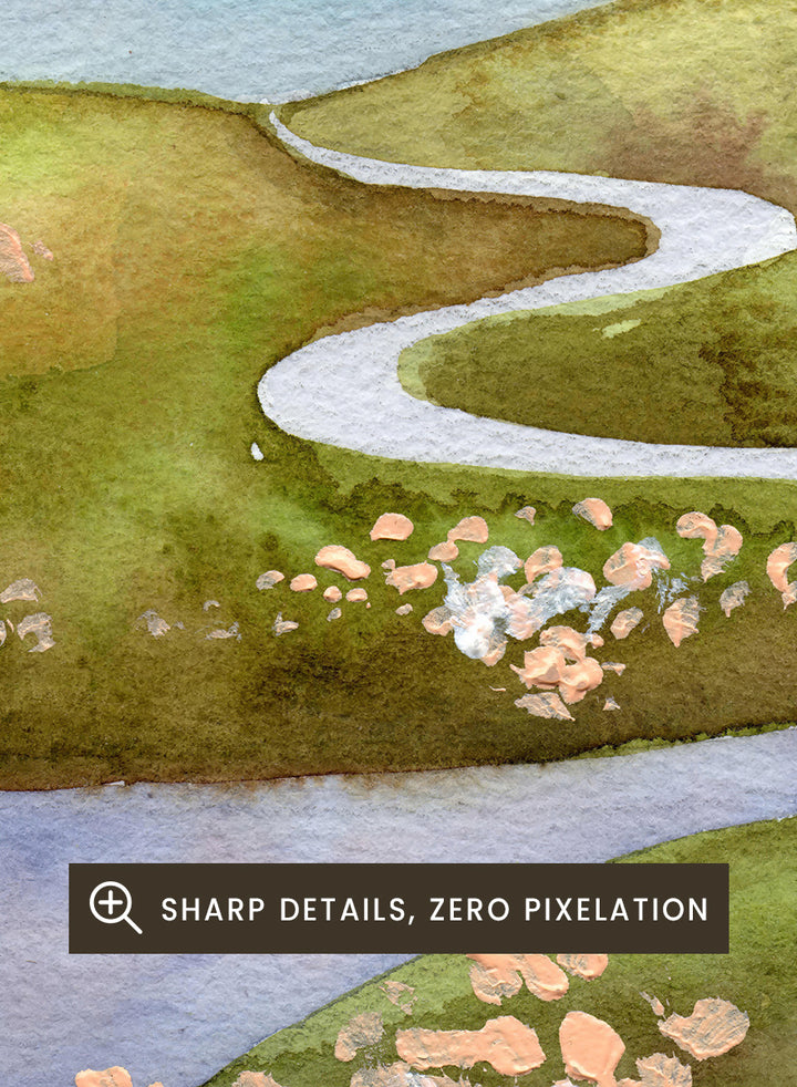 Watercolor landscape painting of a winding river flowing through green hills with pink flowers, blue mountains in the background, and a white sun in a gray sky. Shop Serene Mountain Path by Ekaterina Prisich, a landscape art print featuring a winding valley path, blue mountains, soft flowers, and a white moon.