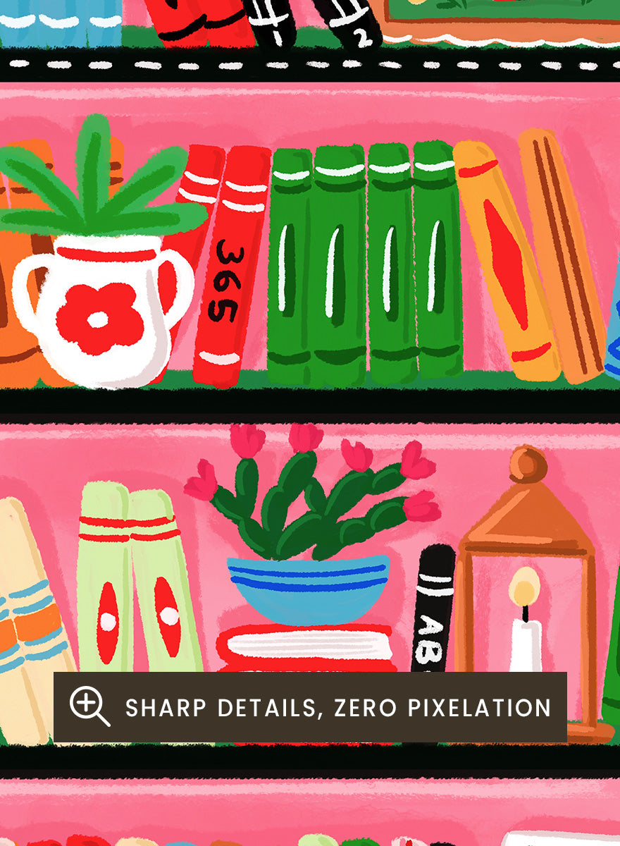A colorful illustrated storefront sign for a bookstore, showing an arched window with shelves of books, plants, and small objects in bright pink, green, orange, blue, and yellow tones. Shop Charming Bookstore Shelf by Nidhi Kachhadiya, a colorful bookstore wall art print with bookshelves, plants, graphic shapes, and bold pink and green tones.