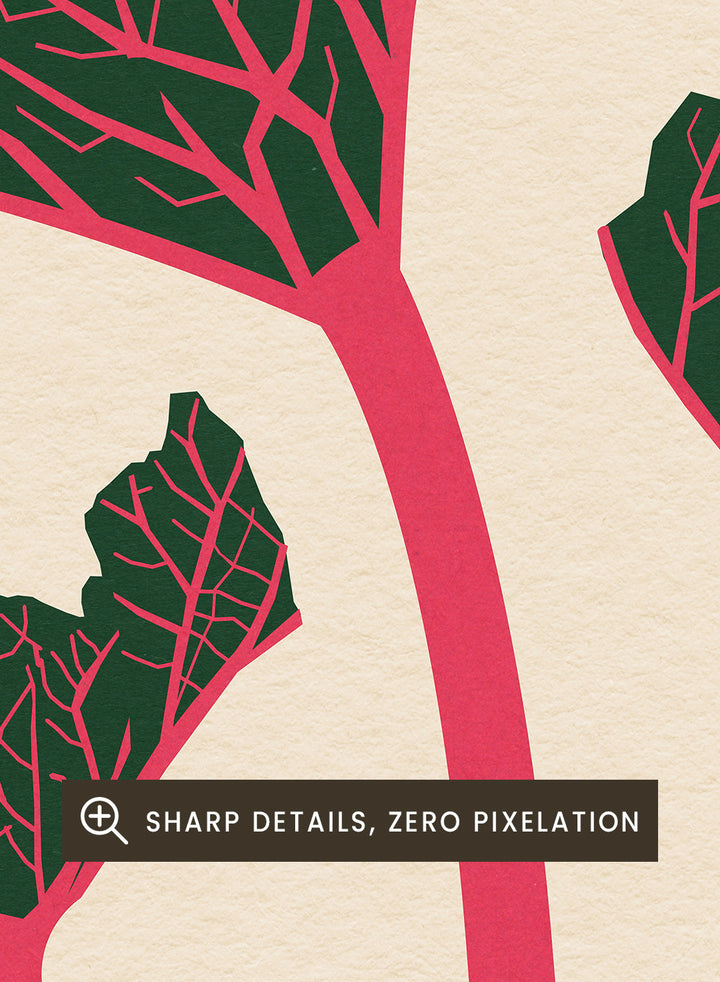 Illustration of red rhubarb stalks with green leaves on a beige and green background. Swedish Garden Rhubarb by Rosi Feist is a modern botanical art print with bold minimalist color and Bauhaus-inspired design. Officially licensed fine art poster with framing.