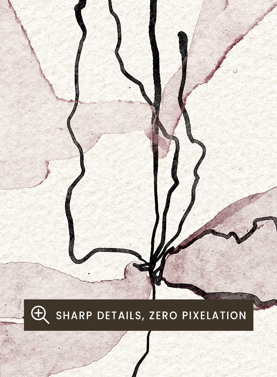 Abstract botanical art print featuring soft watercolor sepia and dusty rose leaf-like shapes with black sketch lines on textured off-white paper. Shop Delicate Botanical Bloom by Ankie Kooi, a modern floral wall art print poster with abstract flower art, minimalist linework, soft pink, cream, and black.