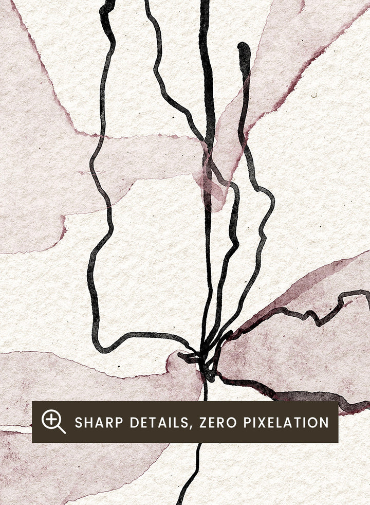 Abstract botanical art print featuring soft watercolor sepia and dusty rose leaf-like shapes with black sketch lines on textured off-white paper. Shop Delicate Botanical Bloom by Ankie Kooi, a modern floral wall art print poster with abstract flower art, minimalist linework, soft pink, cream, and black.