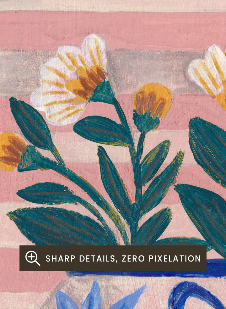 Decorative vase with floral design on a striped background. Potted Florals Pastels & Stripes by Caroline Bonne Müller is a fine art print and wall poster featuring a floral vase with pastel stripes background.