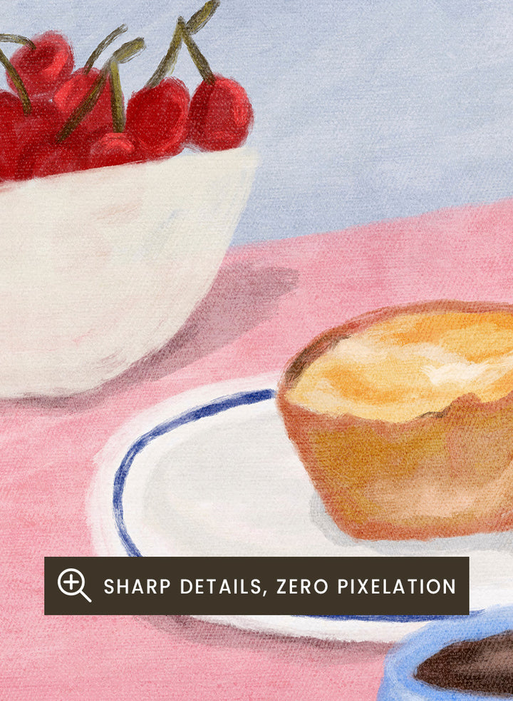 A stylized illustrated scene showing a hand holding a pastry, with two pastries on a plate, a cup of coffee, a bowl of cherries, and a napkin reading &