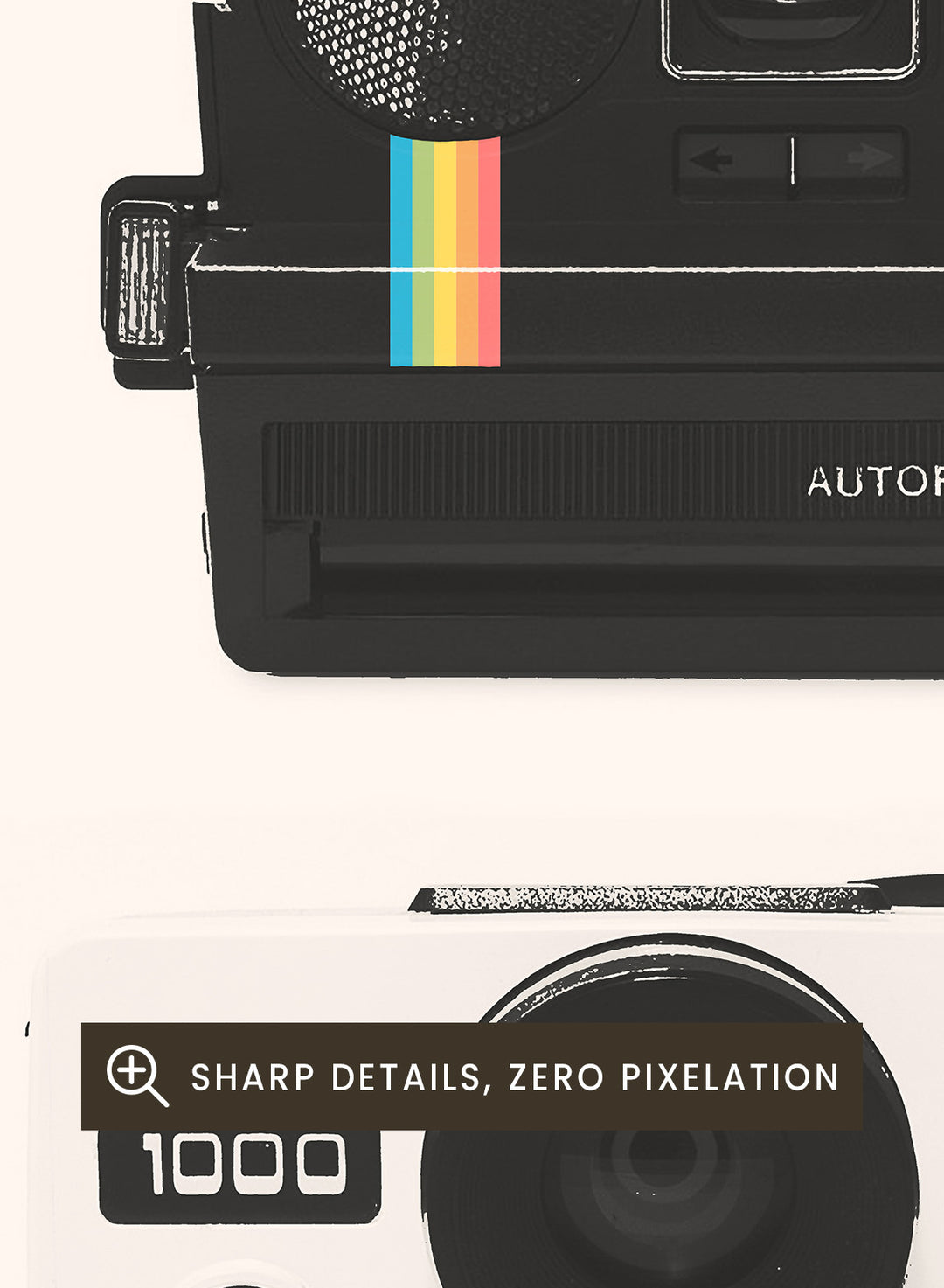 Collection of Polaroid cameras displayed against a white background. Vintage Instant Cameras by Florent Bodart is a retro camera art print featuring classic Polaroid designs, a modern wall poster for photography and design lovers.
