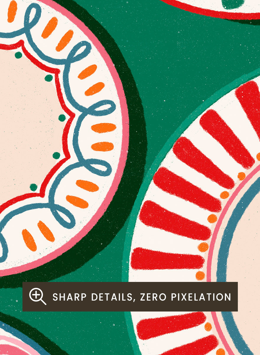A flat-lay pattern of colorful decorative plates on a dark green background, featuring a variety of circular designs in red, orange, pink, blue, and cream. Shop Colorful Patterned Plates by Nidhi Kachhadiya, a playful kitchen wall art print featuring decorative plates, folk-inspired patterns, and bold green, red, and pink tones.