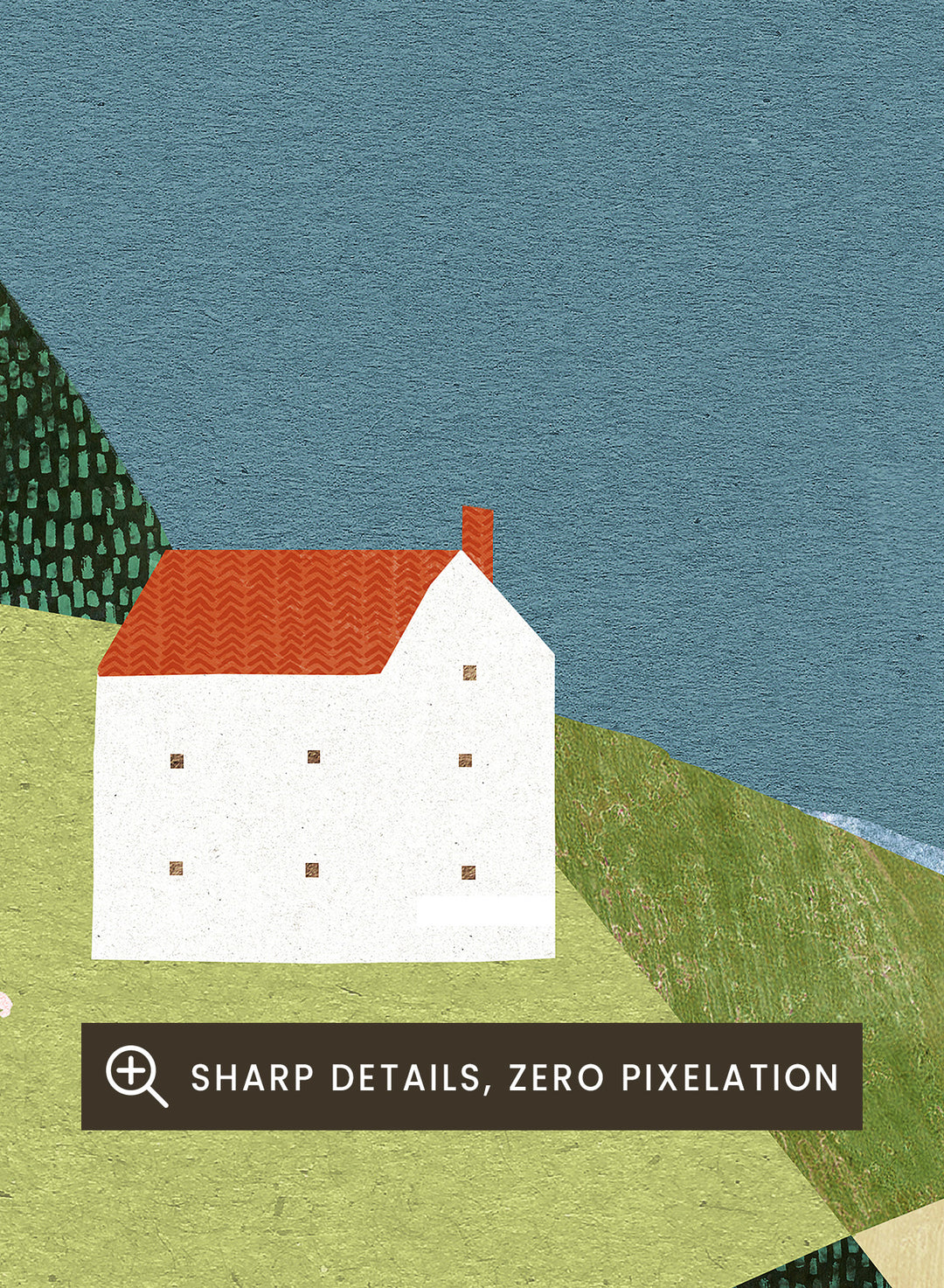 Illustration of a house on a cliff overlooking a coastal scene with boats. House on the Cliff by Longwayhome is a minimalist coastal landscape art print featuring ocean views, cliffside scenery, and modern travel inspired wall art.