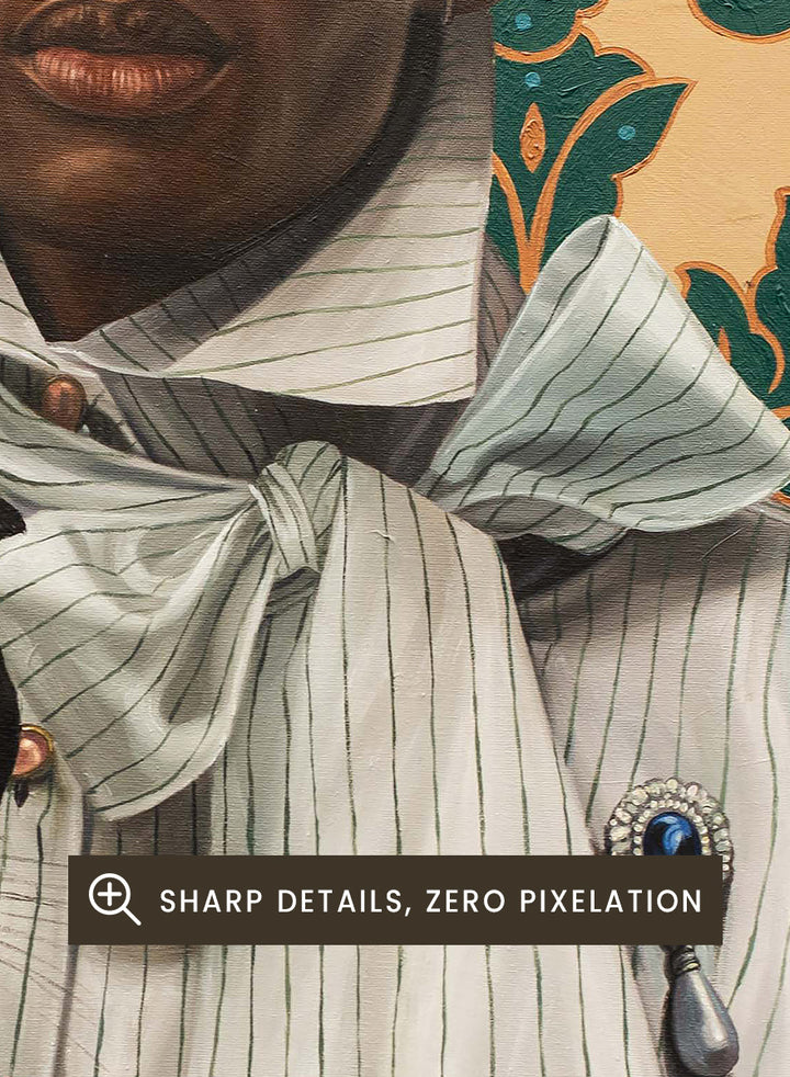 A portrait-style artwork showing a person in a pale striped shirt with a bow tie holding a black cat, set against ornate green damask wallpaper. Shop Elegant Portrait Black Cat by Damilare Jamiu, a contemporary figurative wall art print featuring a stylish portrait, black cat, and rich teal and gold pattern.