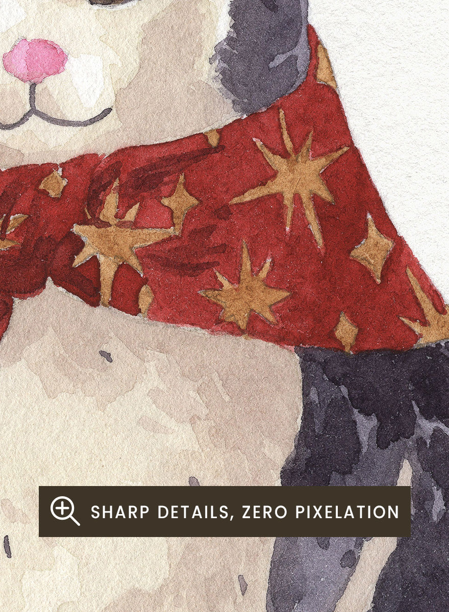 Shop Christmas Cat Ornament by NKTN, a festive cat animal wall art print poster featuring a black-and-white cat in a red star scarf with watercolor detail.