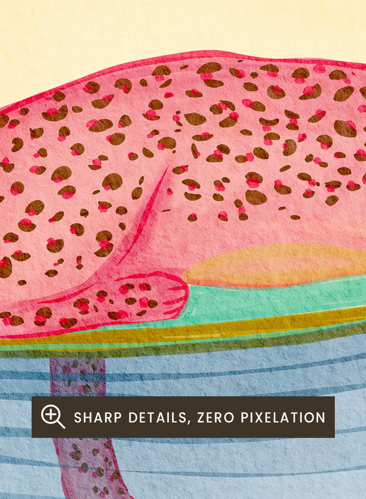 Shop Dreamy Leopard Float by Nikita Jariwala, a playful animal wall art print poster featuring a pink leopard relaxing on a pool float in blue water.