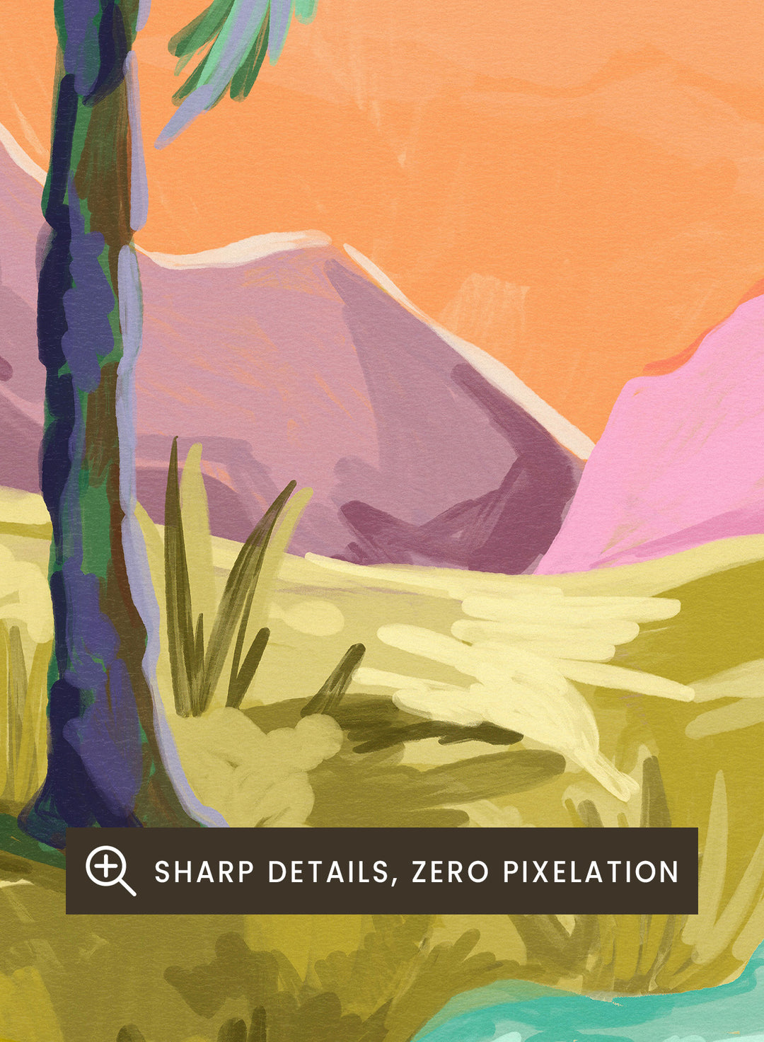 Tropical landscape with palm trees and a lake, featuring the text 'le rève tropical' on an orange background. Le Rêve Tropical Palm Trees by Goed Blauw is a tropical landscape art print and wall poster featuring palm trees, hills, and water in warm sunset tones.