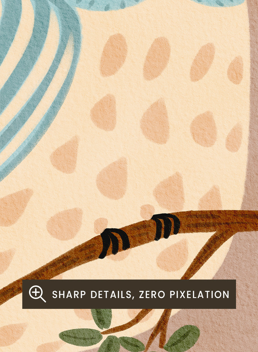 A stylized illustration of a blue and cream owl perched on a brown branch with green leaves, set against a warm beige background. Shop Whimsical Blue Owl by Nikita Jariwala, a blue owl wall art print poster for nursery and kids room decor featuring a playful bird illustration and soft blue tones.