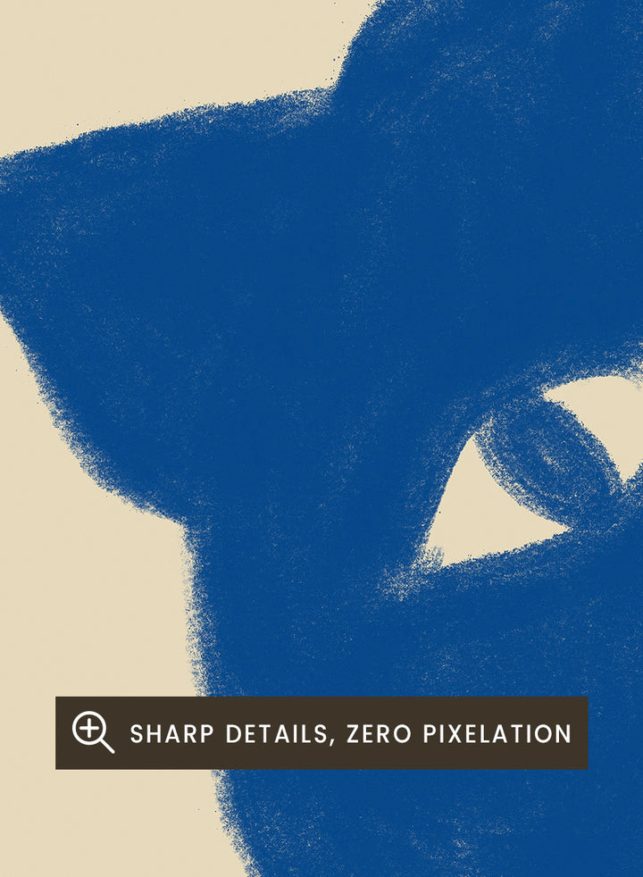 A stylized blue cat silhouette hanging from a thin horizontal line on a warm beige background. Hanging Blue Cat by The Art Concept is a playful cat art print featuring a blue cat dangling from one paw against a warm cream background.