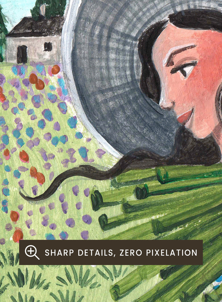 Woman in a floral dress holding flowers in a garden. Woman With Summer Flowers by Caroline Bonne Müller is a fine art print and wall poster featuring a woman carrying flowers through a colorful field.