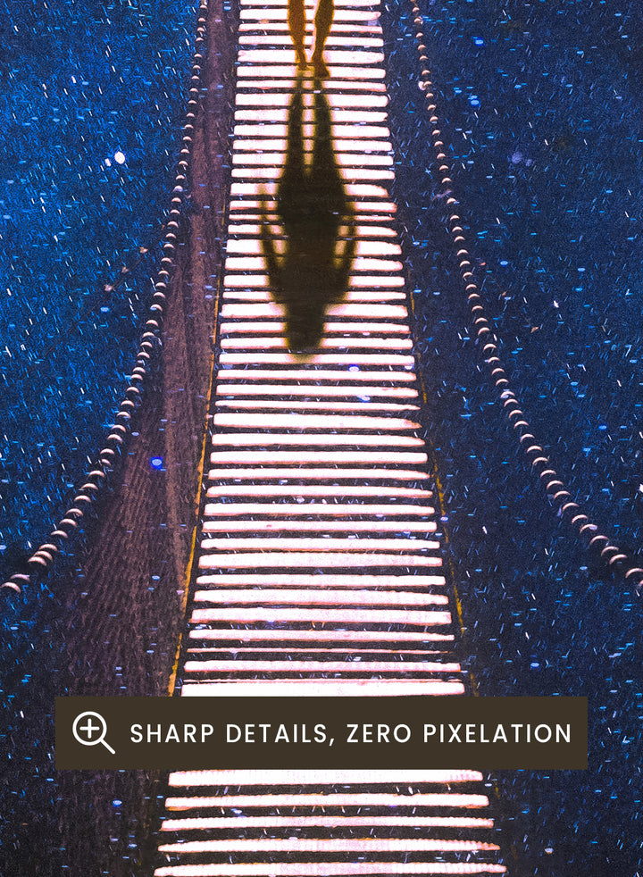 Person standing on a bridge stretching into space with a starry background. Infinity by Taudalpoi surreal cosmic bridge art print with lone figure walking through galaxy starscape, retro sci fi collage poster wall art.