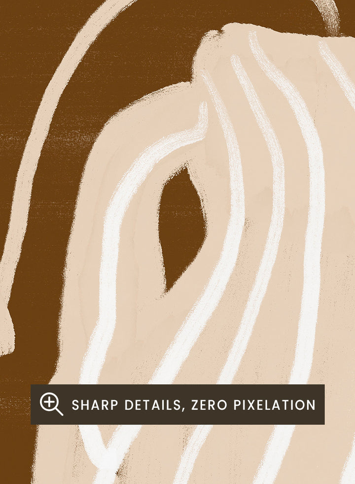 A stylized art print featuring a cream-colored wavy vase with stems and hanging flower buds on a brown background, framed by a pink and brown checkered border. Soft Floral Arrangement by The Art Concept still life art print featuring a striped vase, drooping flowers, warm brown tones, and a soft pink border.