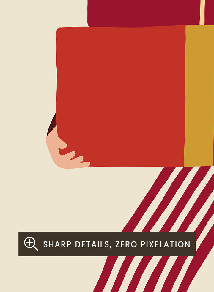 Shop Fashionable Gift Shopping by Dominique Vari, a festive fashion wall art print poster featuring stacked presents, striped trousers, red boots, and retro holiday colors.