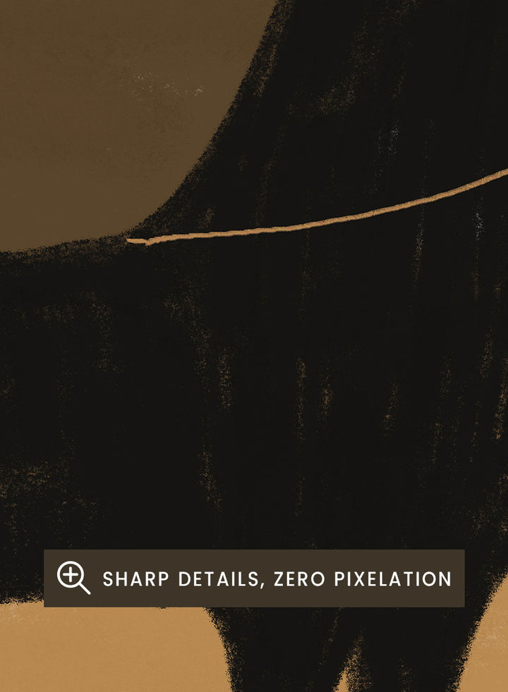 A minimalist art print featuring a black silhouette of a long-legged animal, possibly a zebra or antelope, standing against a two-tone brown background. The Unspoken Story by The Art Concept animal art print featuring a tall black horse in a wide hat against warm brown and sand tones.