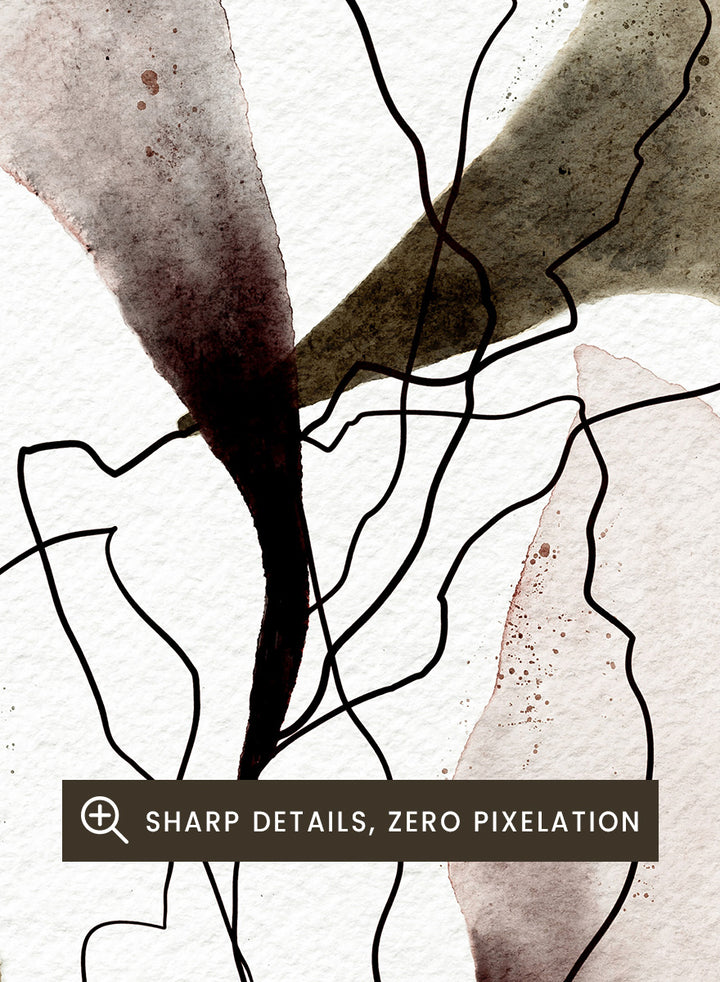Abstract watercolor and ink botanical art print featuring soft beige, brown, and dusty rose watercolor shapes with fine black line work on textured white paper. Shop Abstract Botanical Flow by Ankie Kooi, a botanical wall art print poster with abstract watercolor leaves, floral line art, pink, green, cream, and black.