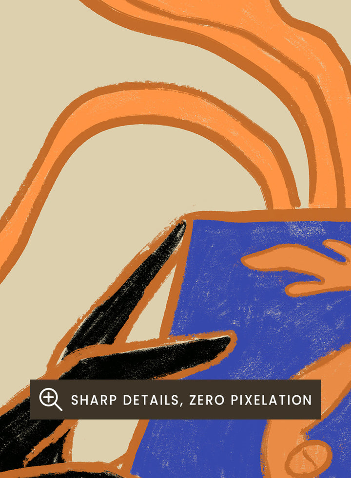 Decorative design with hands holding a vase featuring abstract floral patterns on a beige background. Vessel Collection: New Beginnings by Arty Guava art print, modern vase wall poster with mirrored figures, contemporary blue orange minimalist illustration.