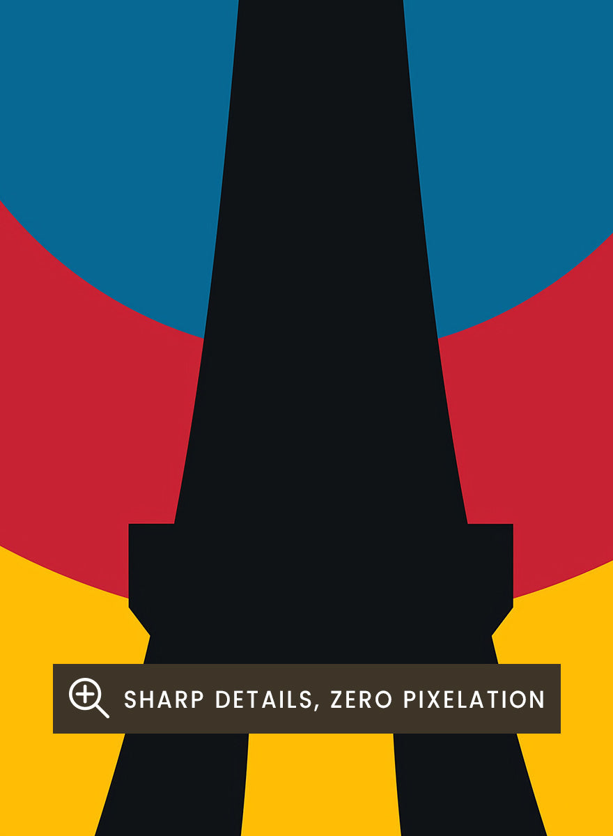A minimalist Paris poster featuring a black Eiffel Tower silhouette in front of concentric yellow, red, and blue circles on a cream background, with the text &